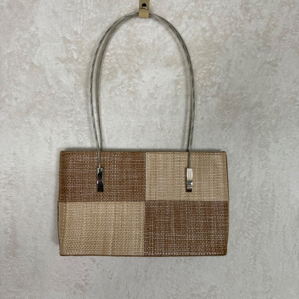 Vtg Aldo Woven Checkerboard Shoulder‎ Bag Neutral Tan Straw Cable Handle Handbag